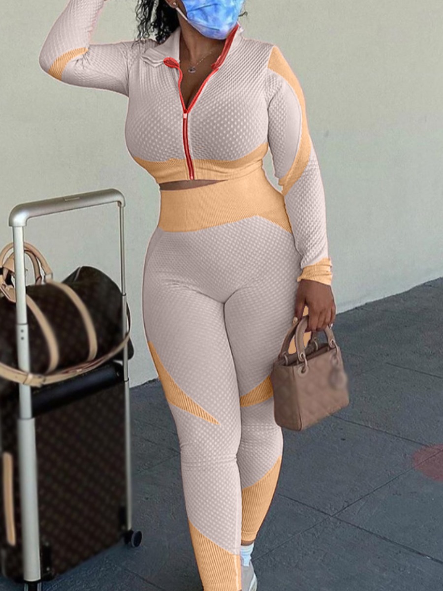 

Lovely Sportswear Turndown Collar Patchwork Orange Two Piece Pants Set