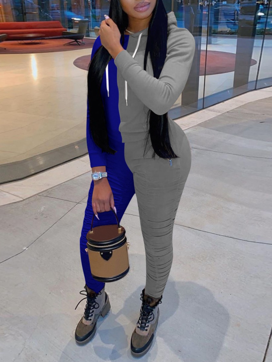 

lovely Sportswear Hooded Collar Patchwork Blue Two Piece Pants Set