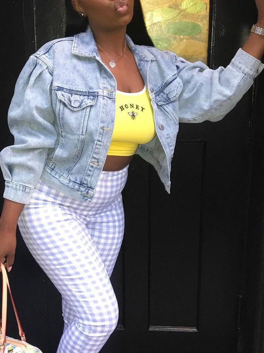 

lovely Street Turndown Collar Pocket Patched Baby Blue Denim Jacket