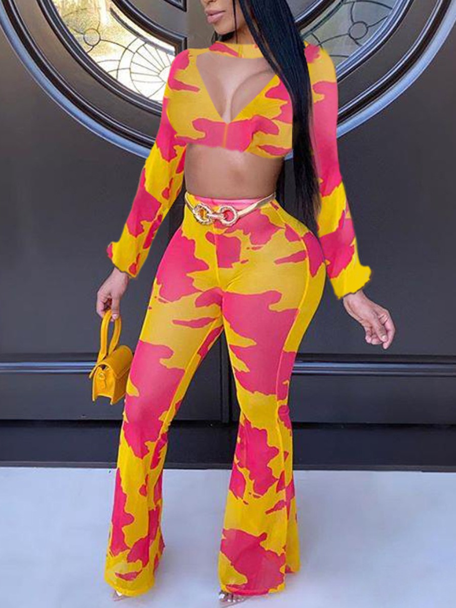 

lovely Trendy Print Hollow-out Yellow Two Piece Pants Set