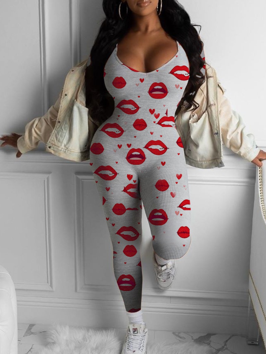 

lovely Sportswear U Neck Lip Print Grey One-piece Jumpsuit