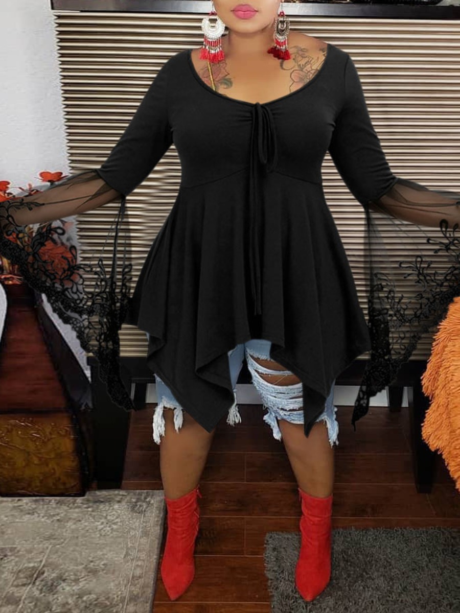 

lovely Casual O Neck Patchwork Asymmetrical Black Plus Size Blouse