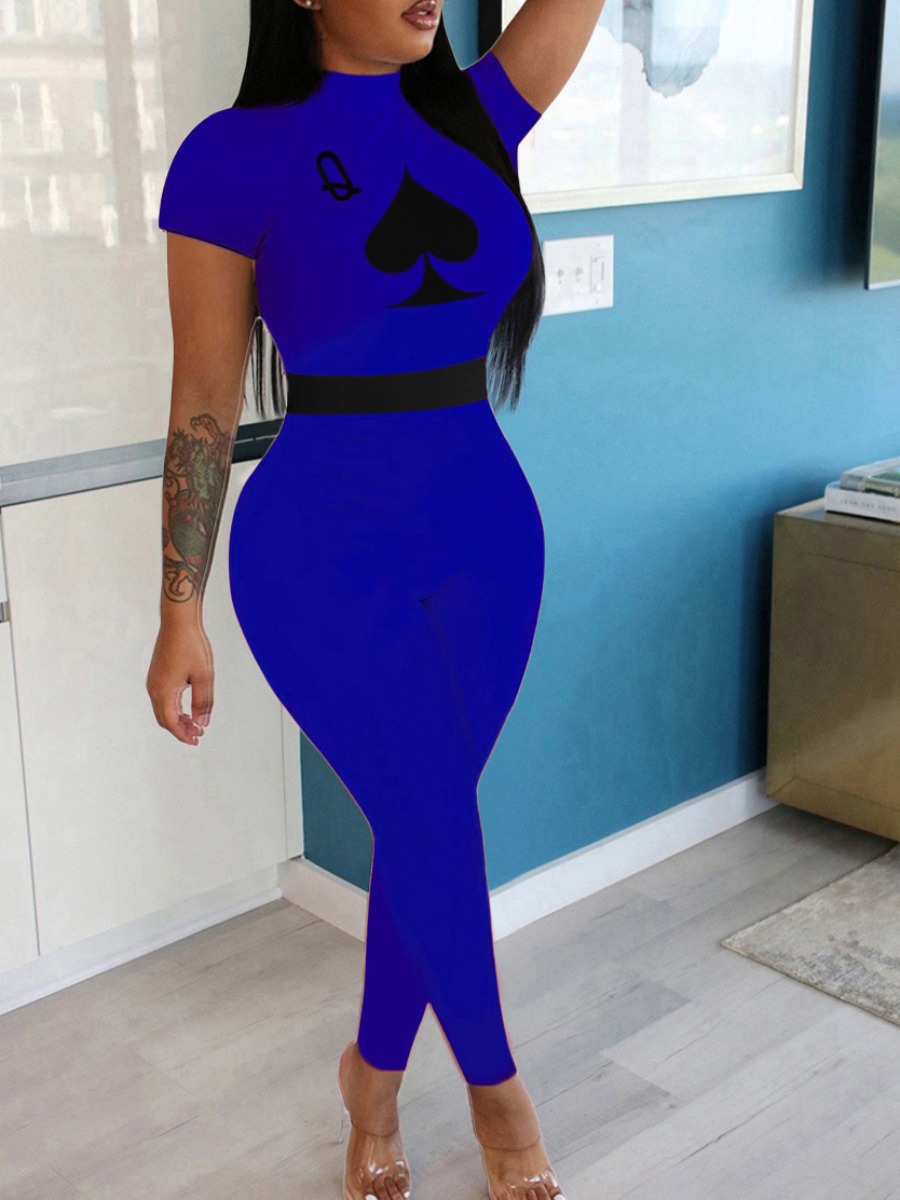 

lovely Sportswear Print Blue One-piece Jumpsuit