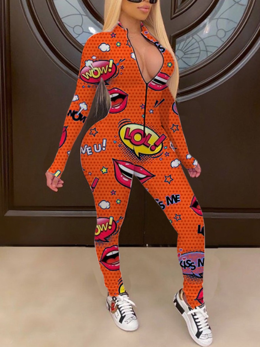 

lovely Sportswear Zipper Design Lip Print Orange One-piece Jumpsuit