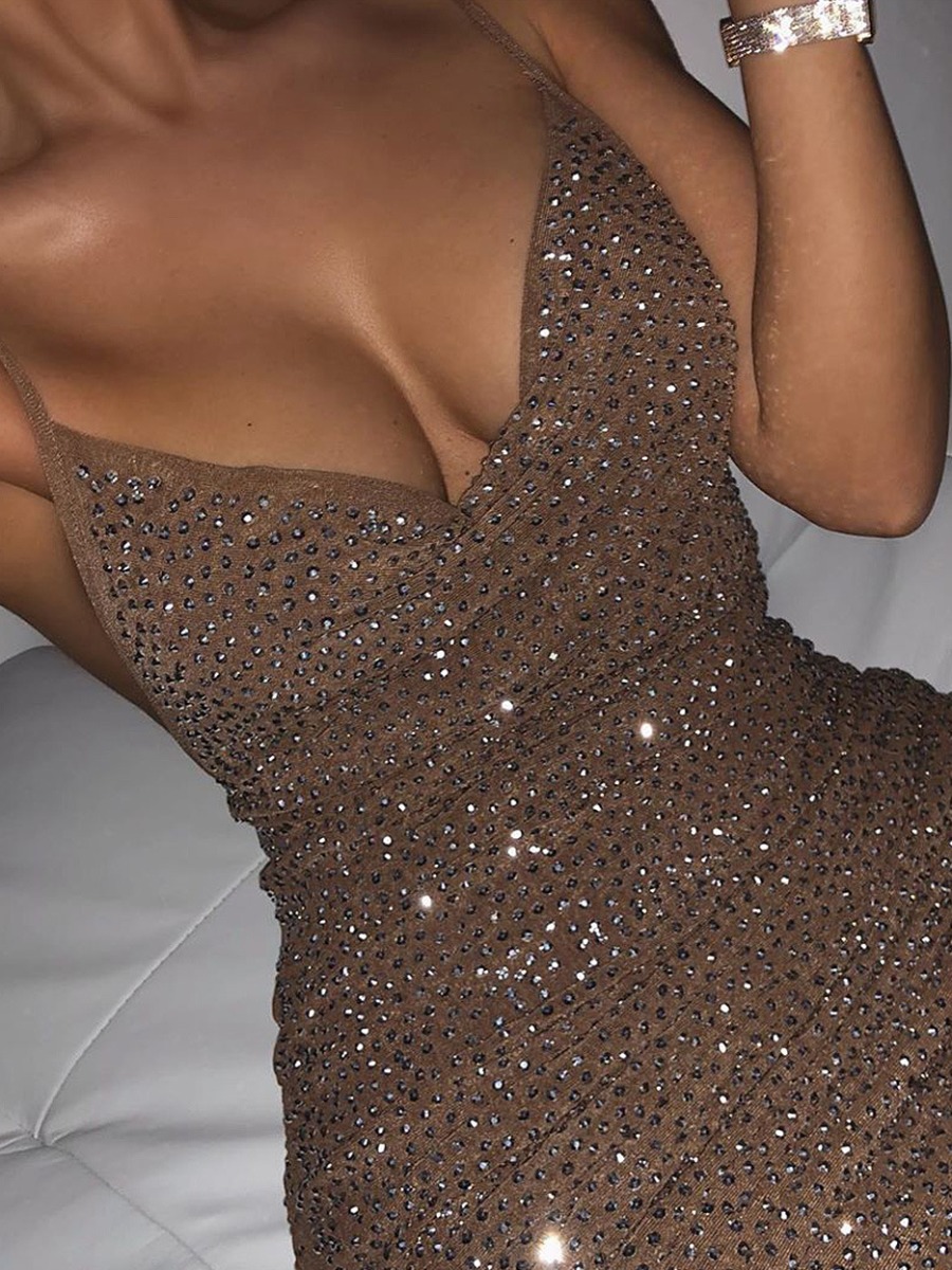 

lovely Sexy Spaghetti Strap Hot Drilling Decorative Coffee Mini Dress