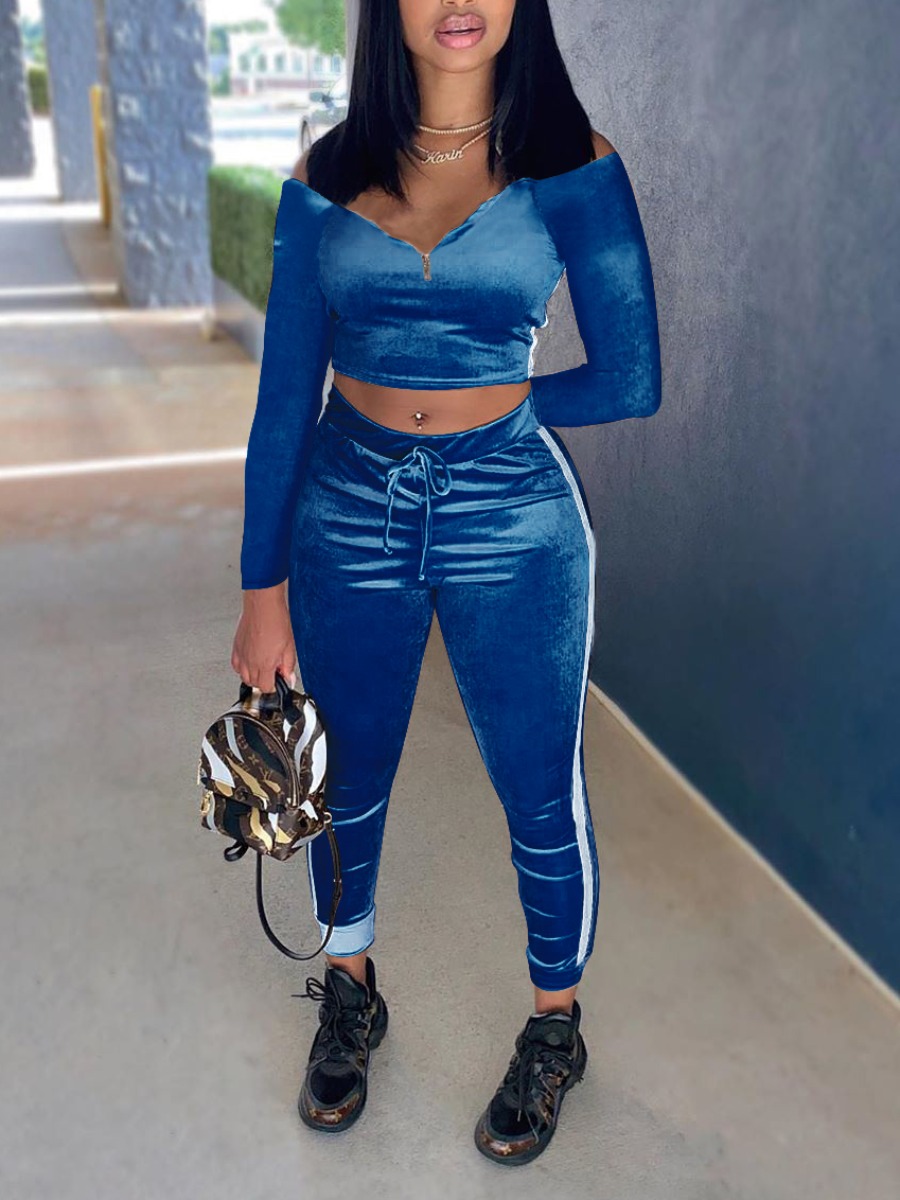

lovely Casual Patchwork Blue Two Piece Pants Set