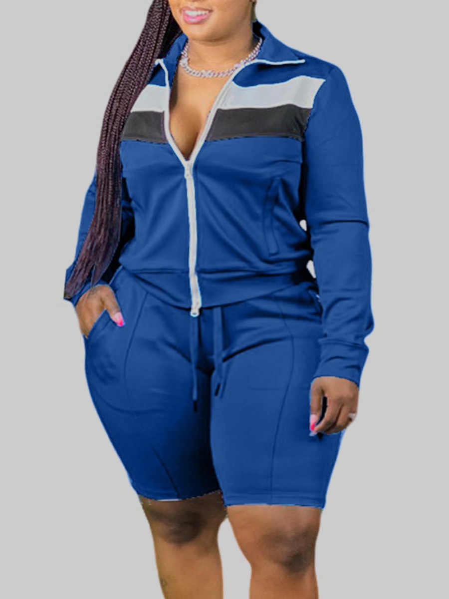 

lovely Sportswear Patchwork Zipper Design Blue Plus Size Two-piece Shorts Set