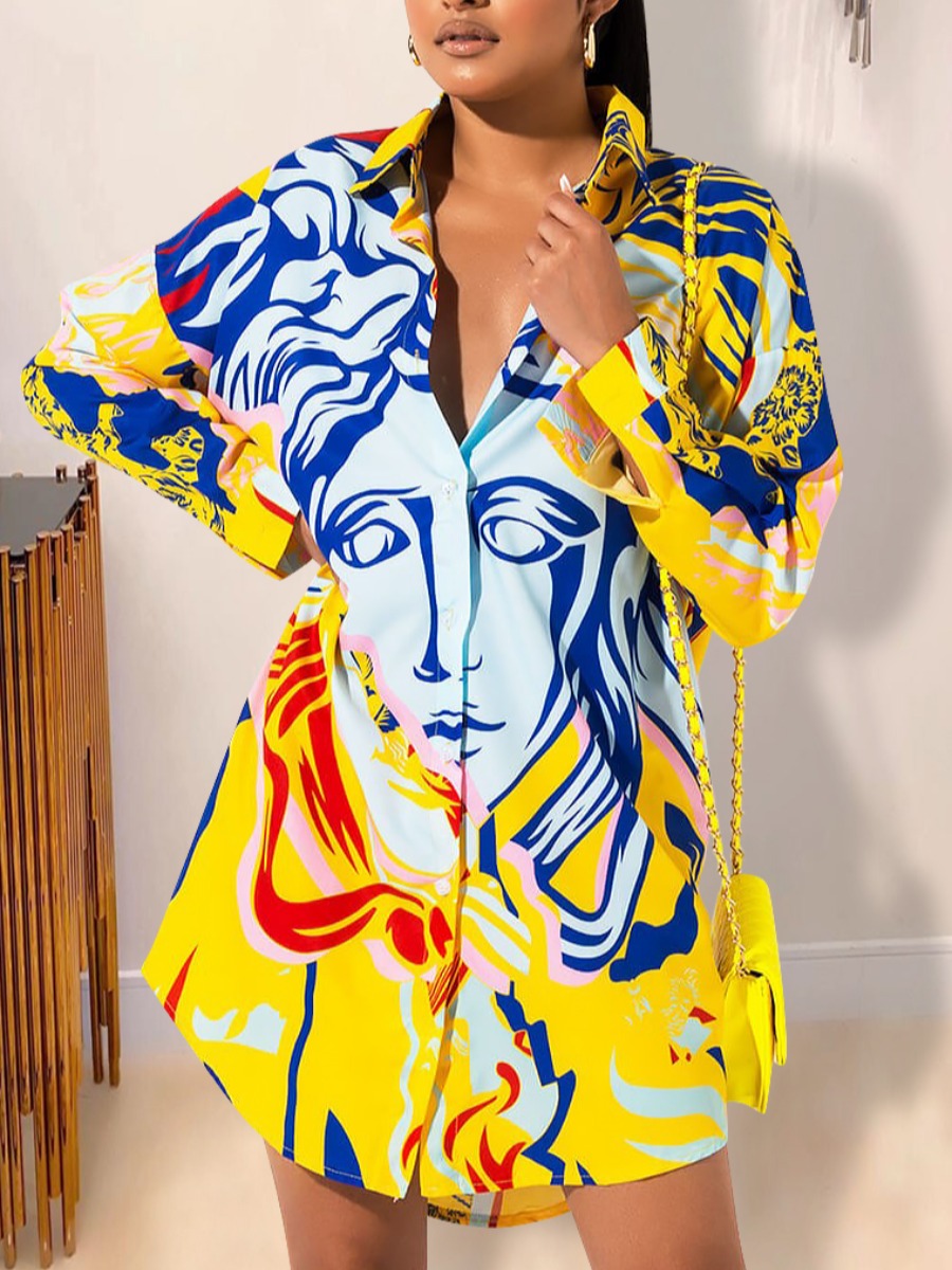 

lovely Street Shirt Collar Print Yellow Mini Dress