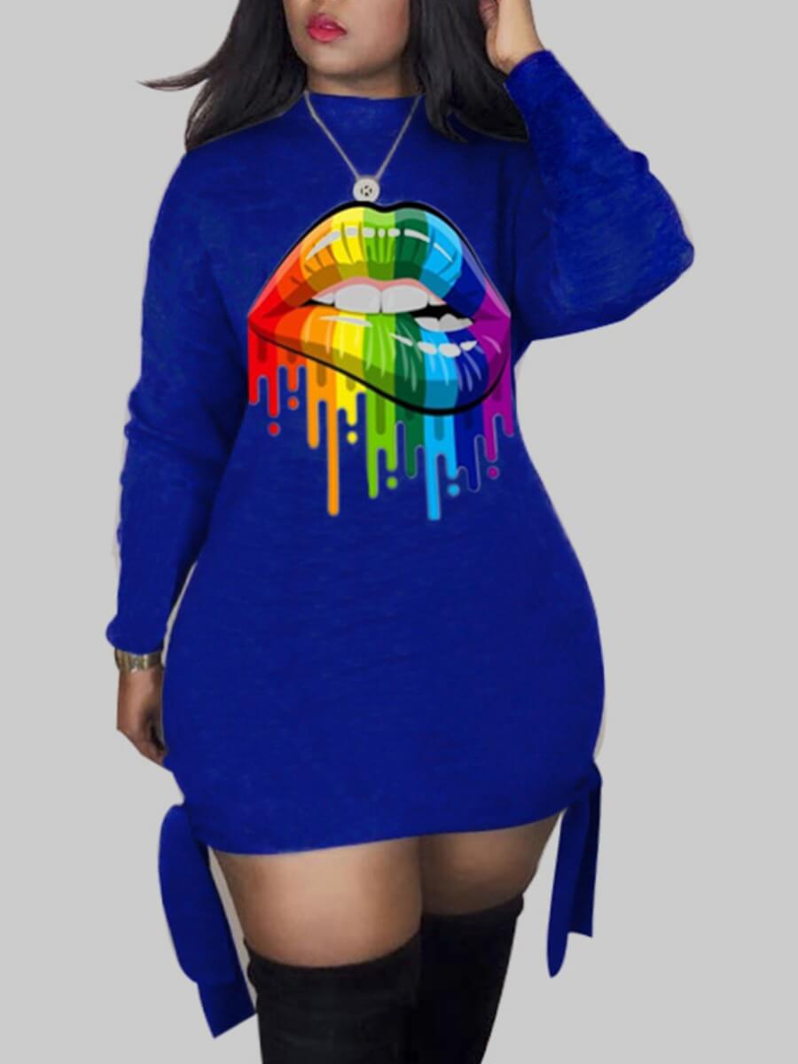

Lovely Street O Neck Lip Print Blue Mini Plus Size Dress