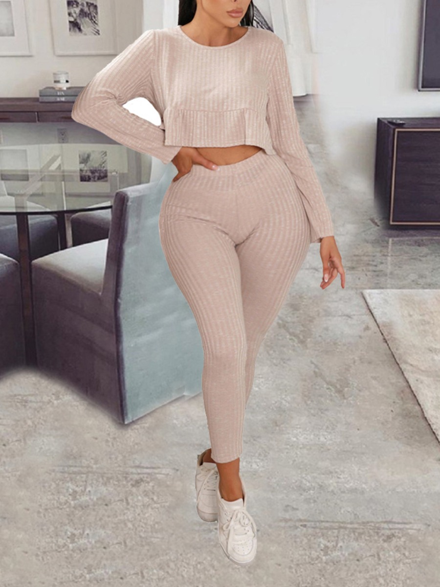 

lovely Casual O Neck Striped Pink Plus Size Two-piece Pants Set