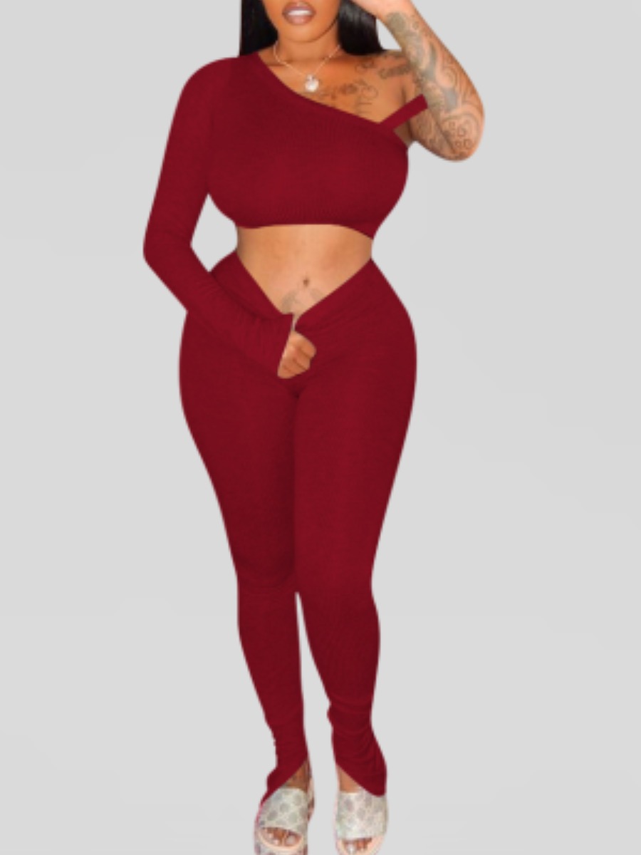 

lovely Casual One Shoulder Wine Red Loungewear