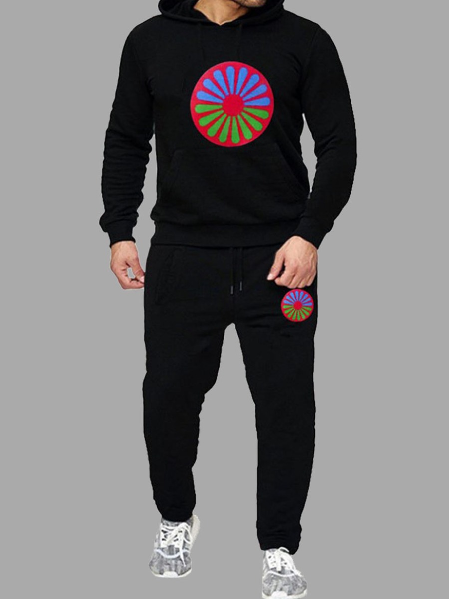 

lovely Sportswear Hooded Collar Print Black Men Two-piece Pants Set