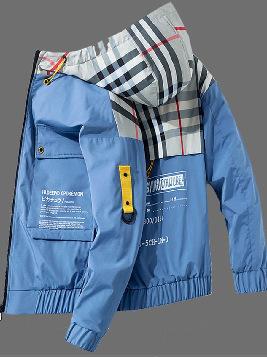 

Lovely Street Hooded Collar Print Patchwork Blue Men Jacket