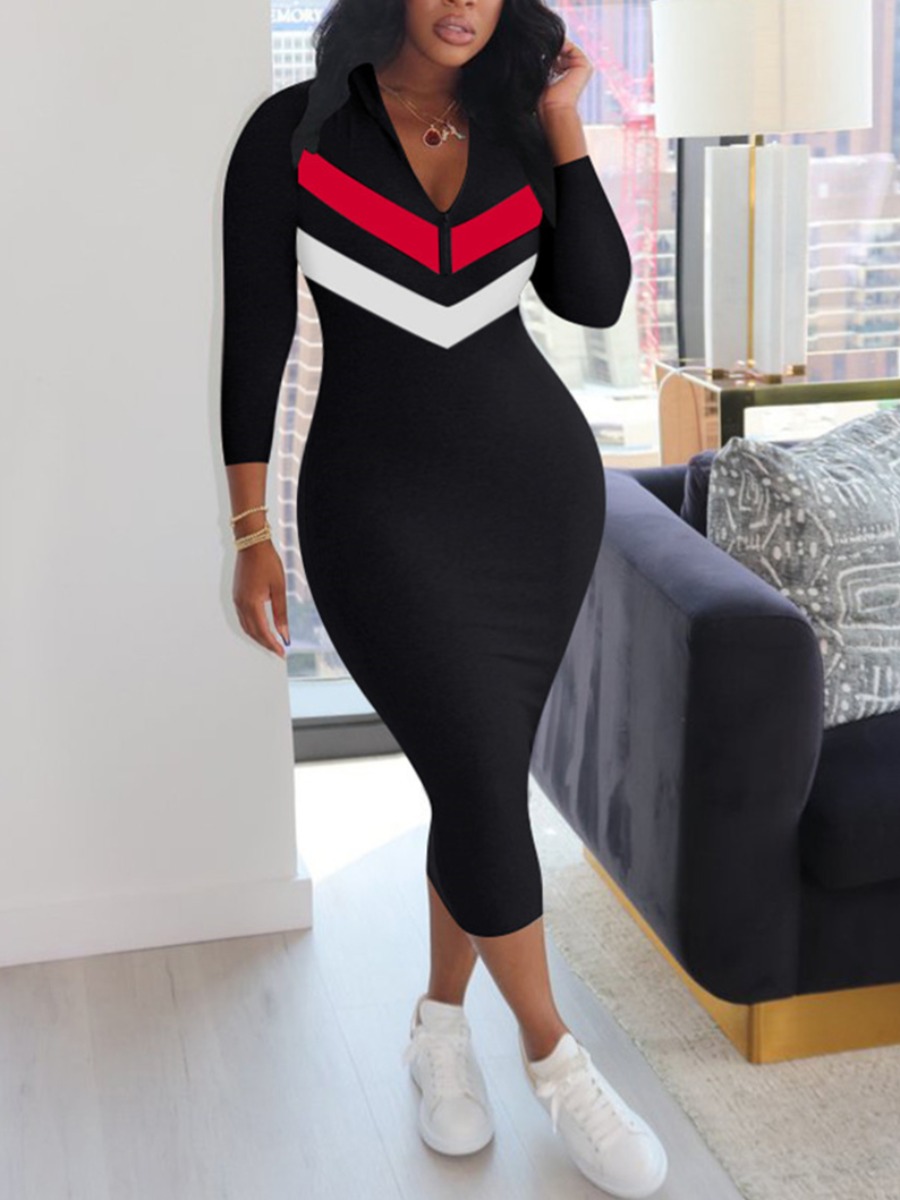 

Lovely Leisure Patchwork Zipper Design Black Mid Calf Plus Size Dress