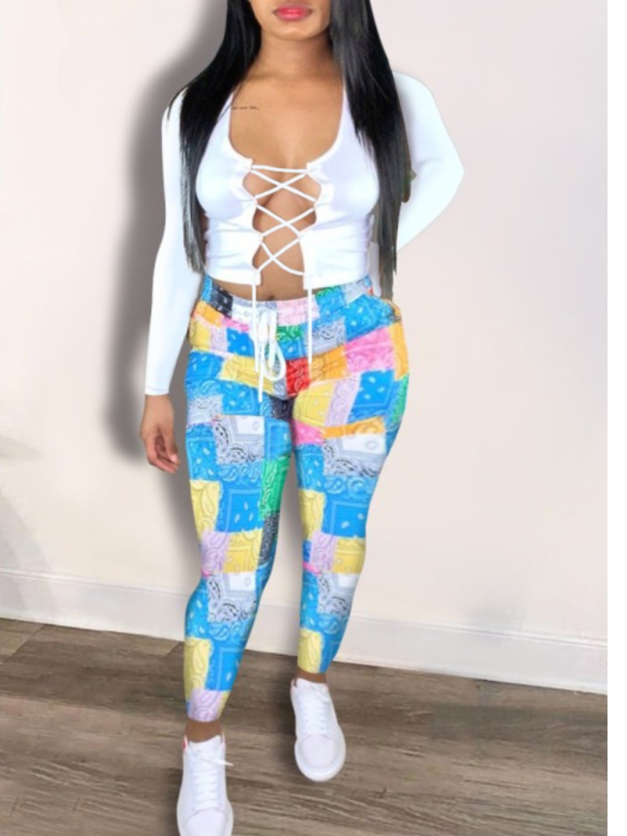 

LW Bandage Design Pants Set (Batch Print), Blue