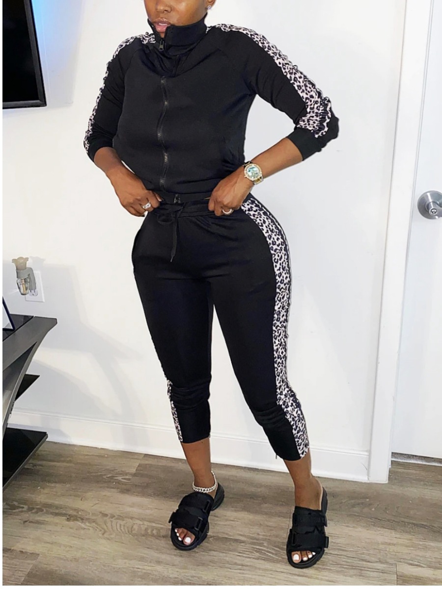 

lovely Casual Leopard Print Patchwork Black Two Piece Pants Set