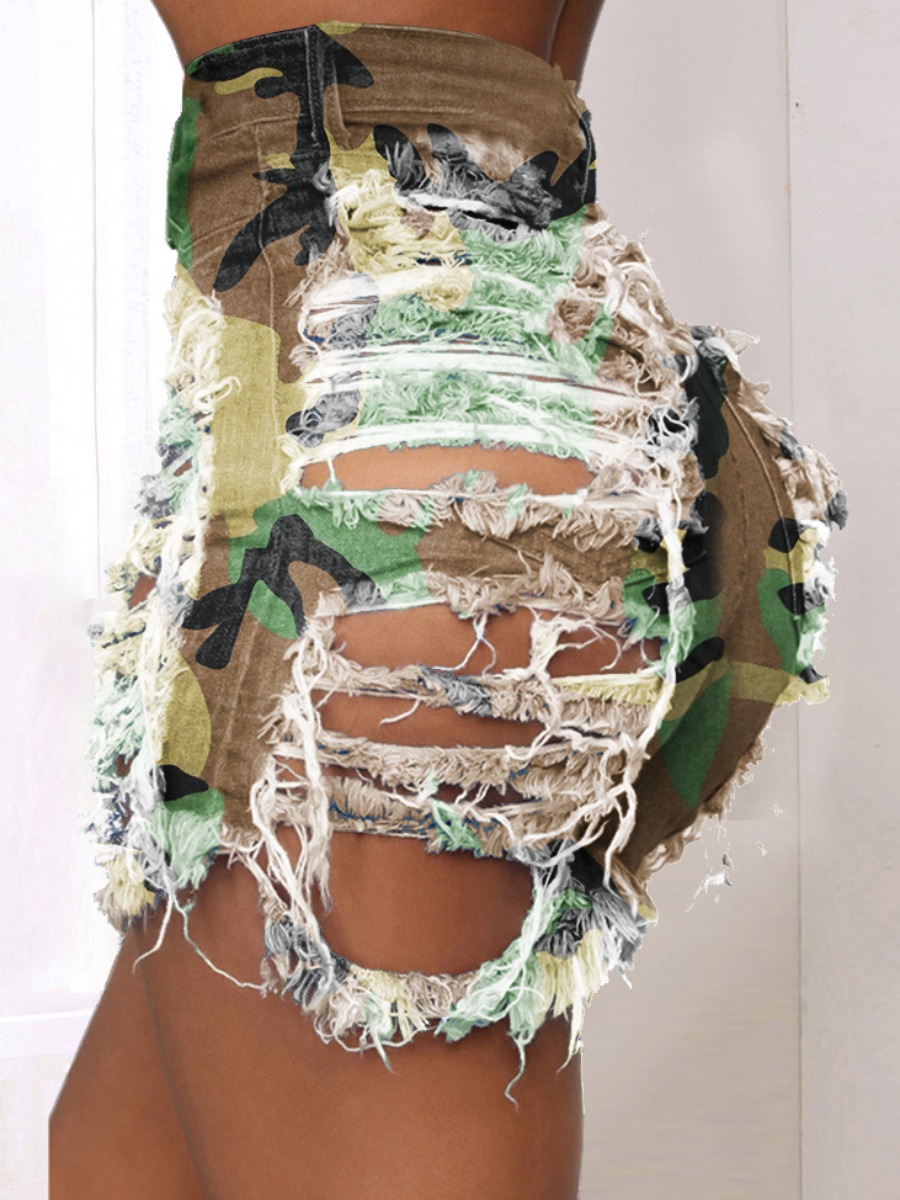 

lovely Casual Broken Holes Camo Print Army Green Denim Shorts, Army green camouflag