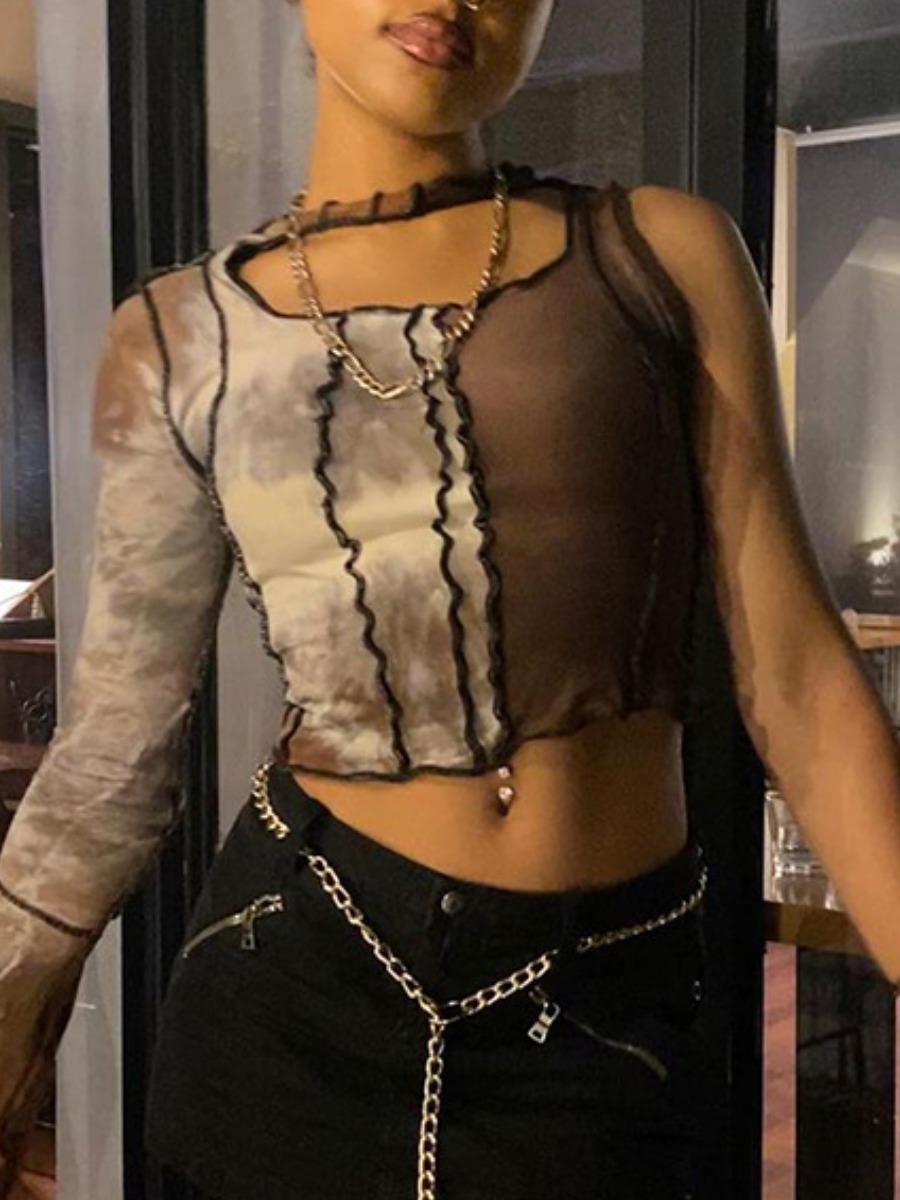 

lovely Street One Shoulder Patchwork Brown T-shirt