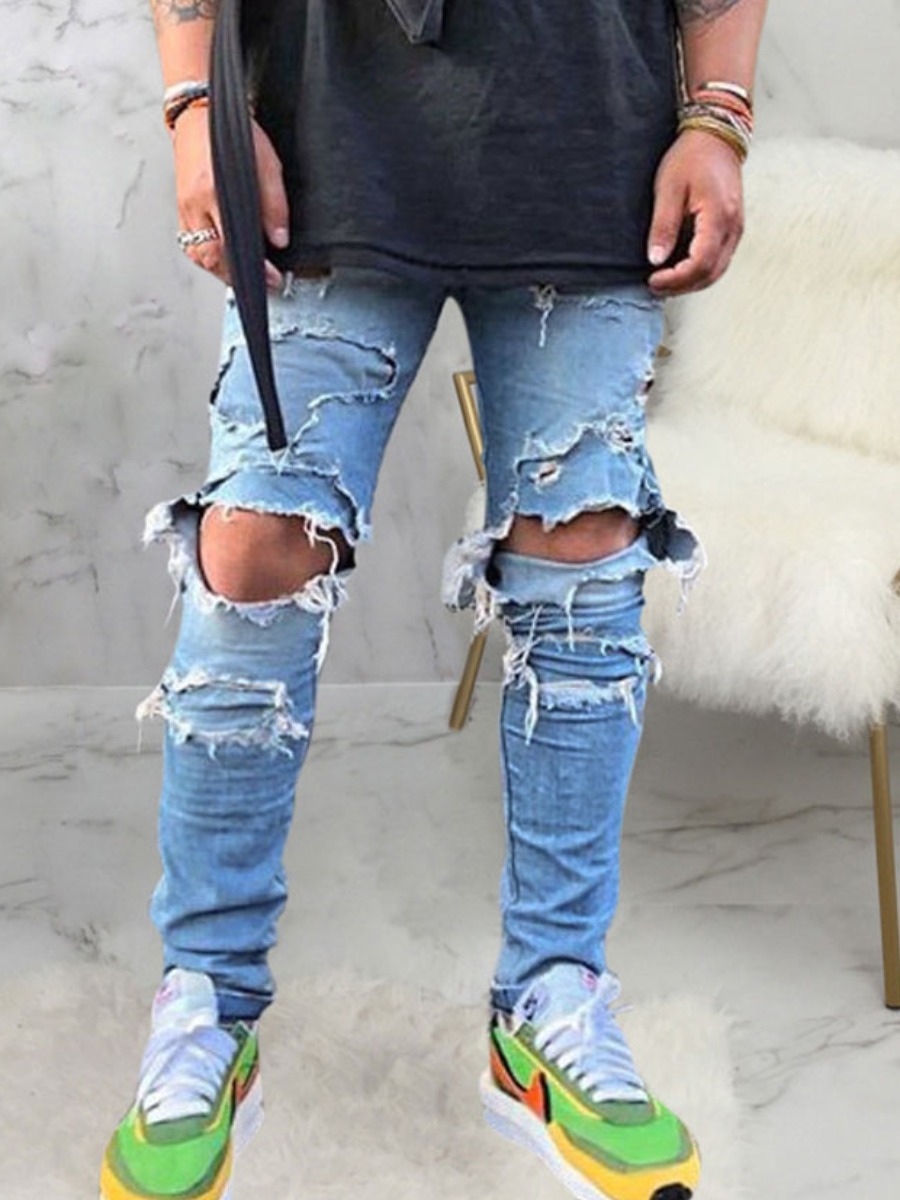 LW Stylish Broken Holes Baby Blue Men Jeans