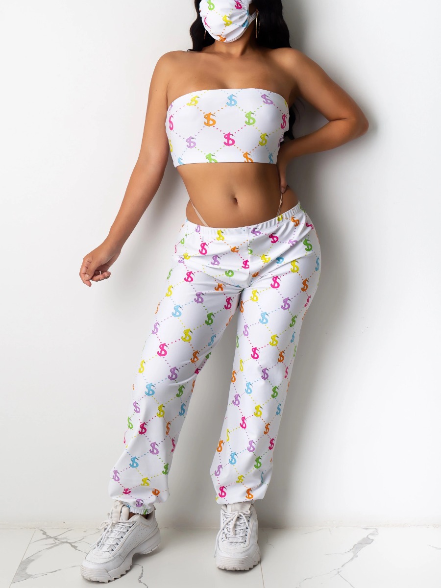 

lovely Casual Dew Shoulder Print White Two Piece Pants Set