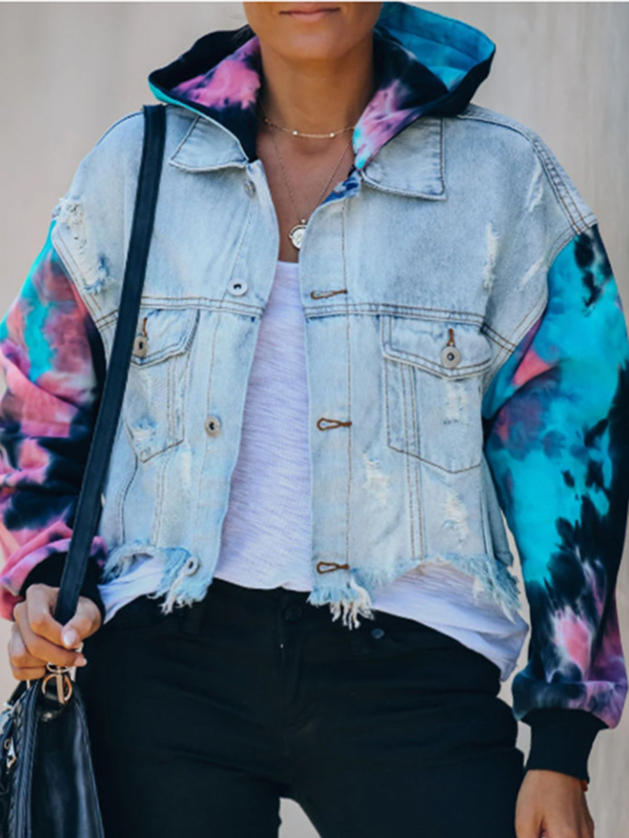 

Lovely Stylish Hooded Collar Print Patchwork Blue Plus Size Denim Jacket
