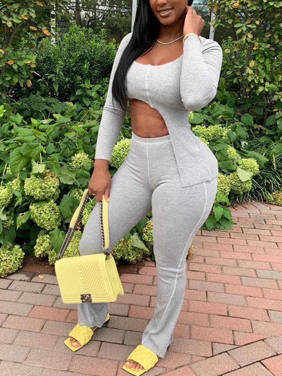 

lovely Leisure U Neck Patchwork Asymmetrical Grey Two Piece Pants Set