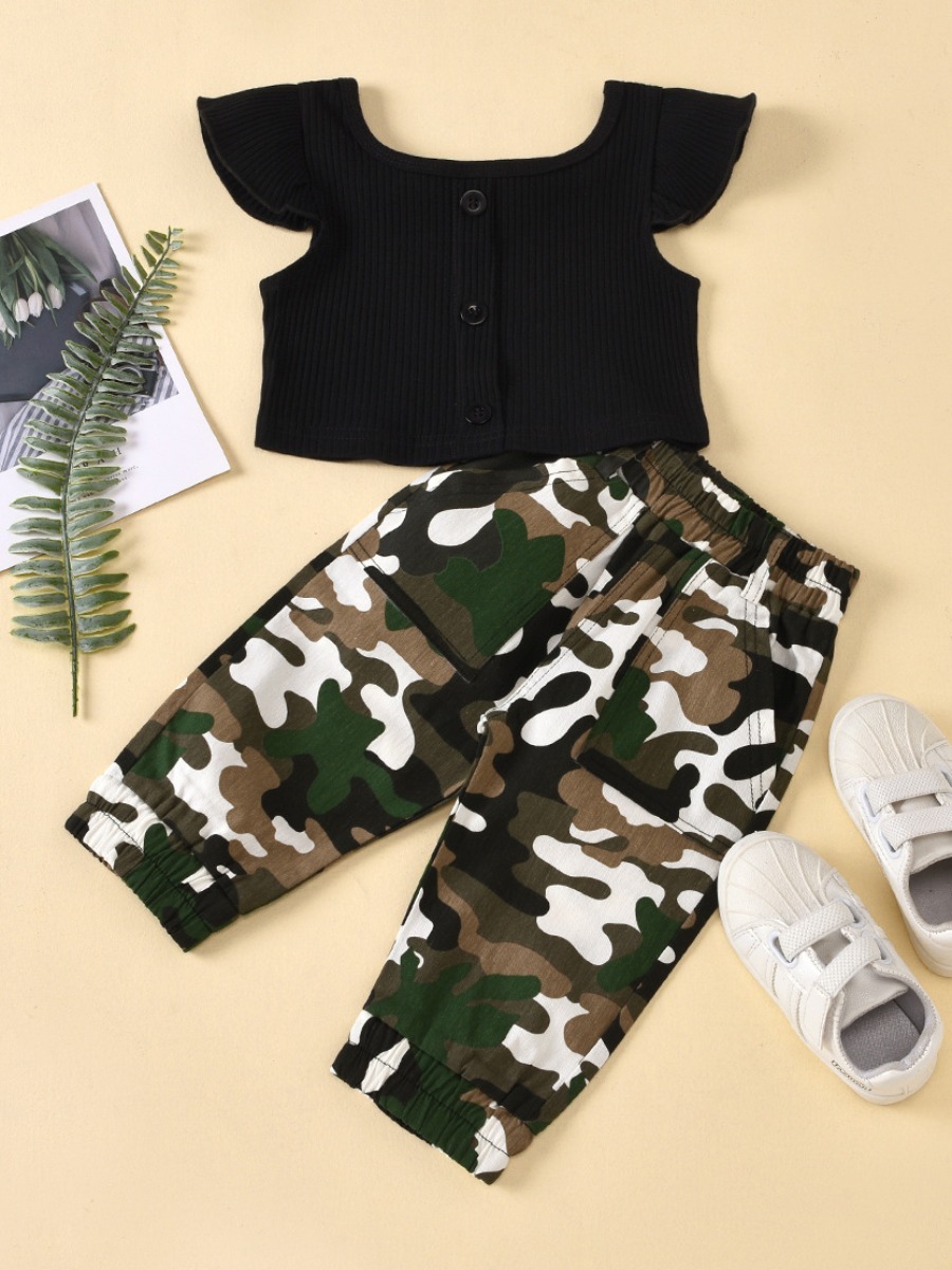 

lovely Street O Neck Camo Print Girl Two-piece Pants Set