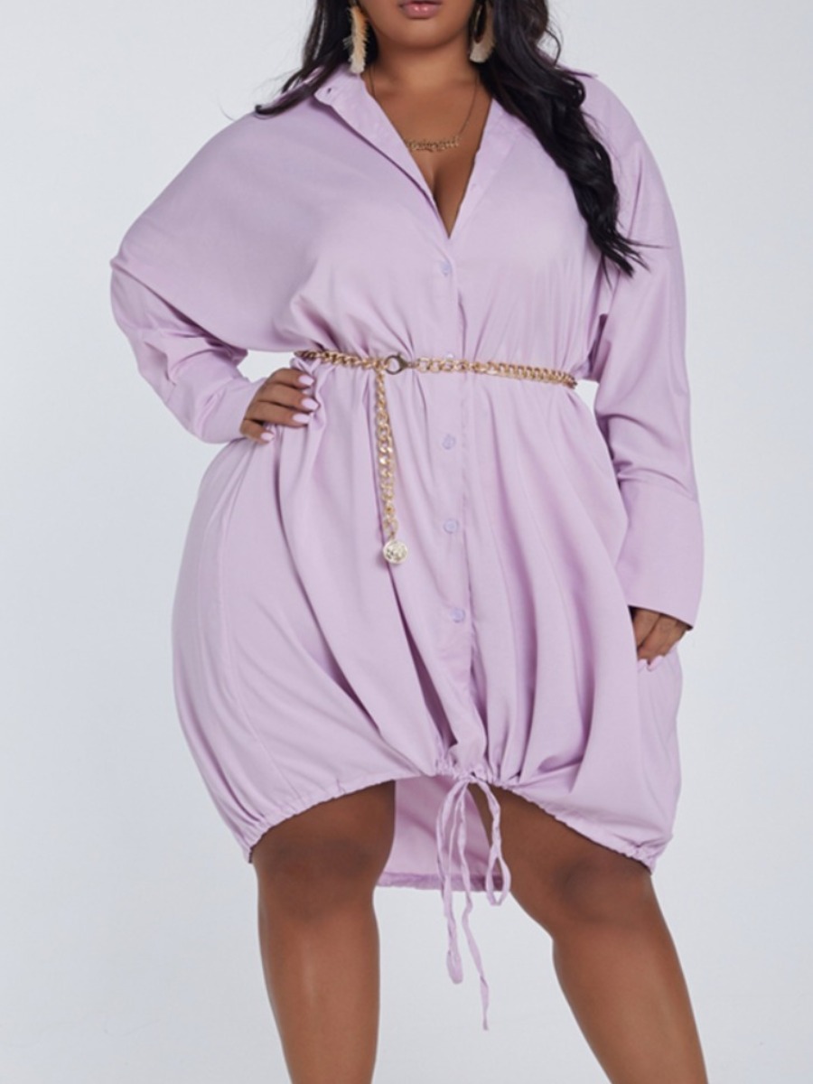 

lovely Casual Turndown Collar Drawstring Light Purple Knee Length Plus Size Dress