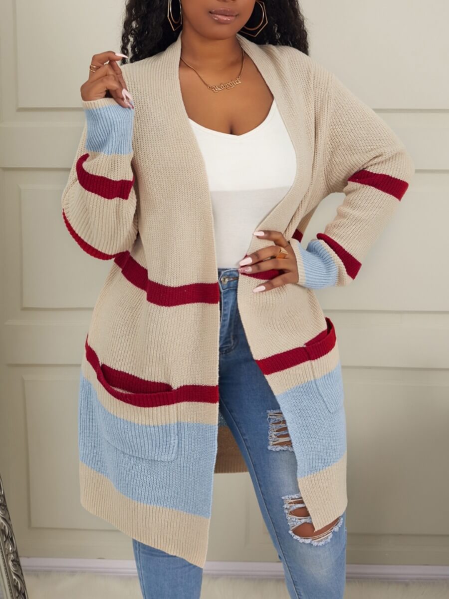 

Lovely Casual Striped Patchwork Khaki Cardigan