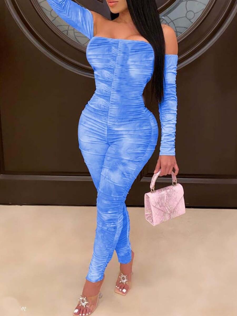

lovely Stylish Dew Shoulder Tie-dye Blue One-piece Jumpsuit