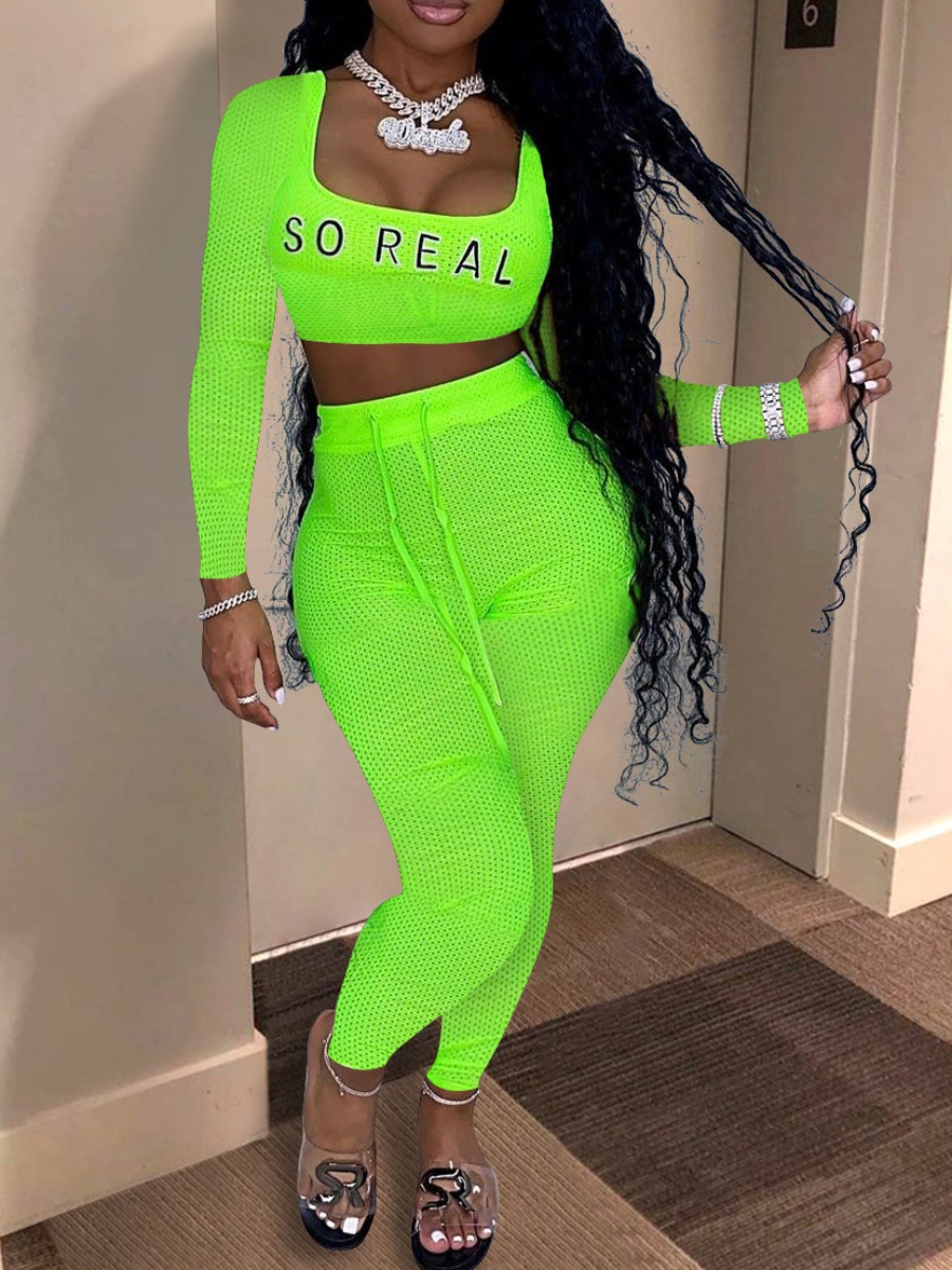 

lovely Sportswear U Neck Letter Print Green Two Piece Pants Set