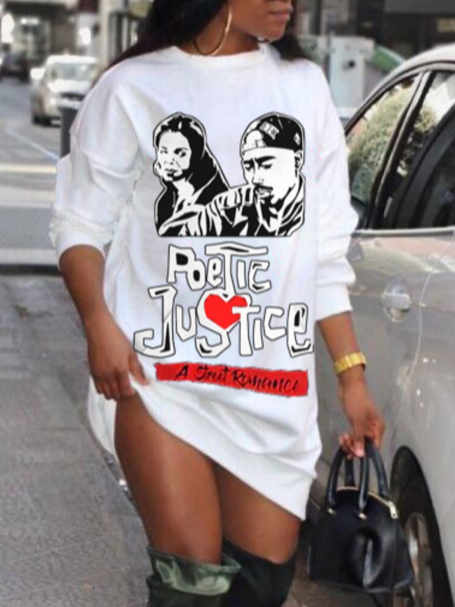 

lovely Street O Neck Print White Mini Dress