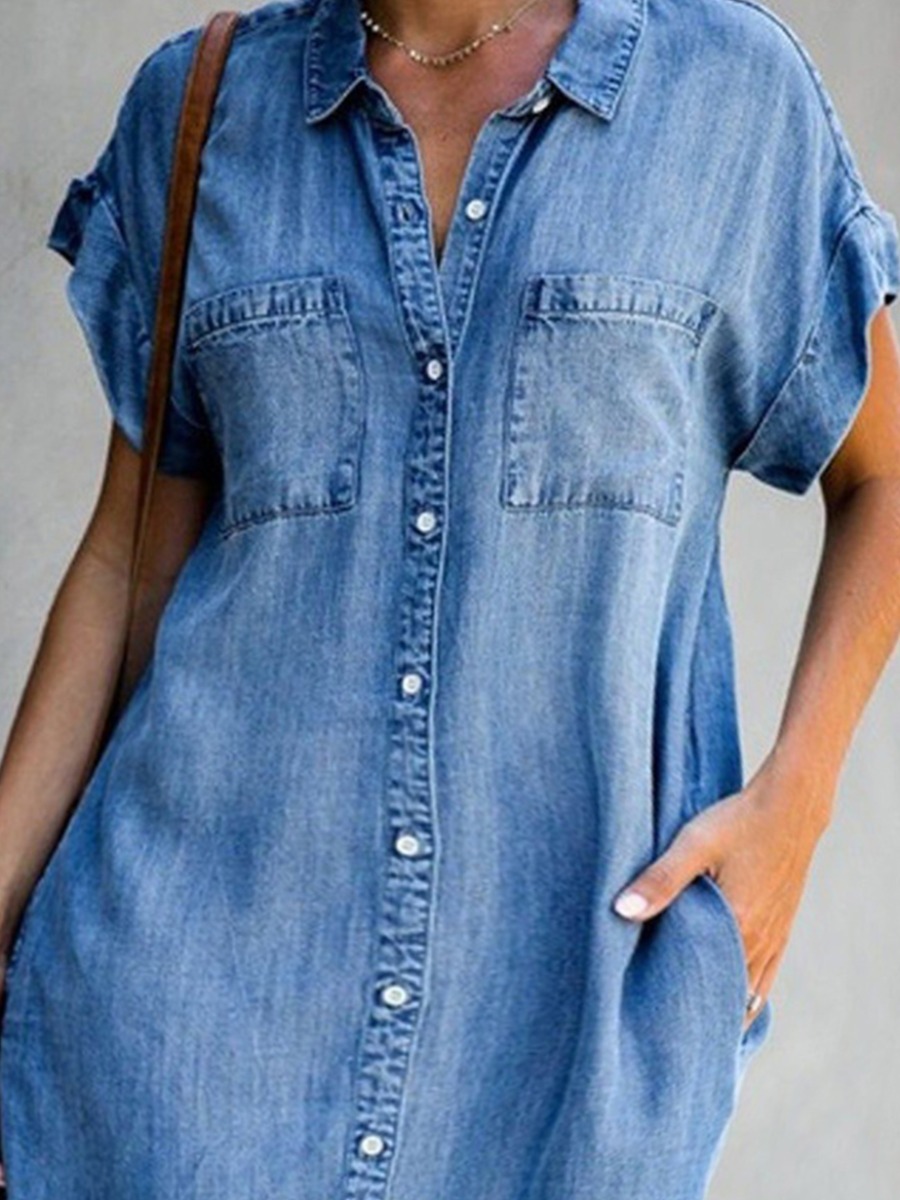 

lovely Stylish Turndown Collar Buttons Design Blue Mini Plus Size Denim Dress