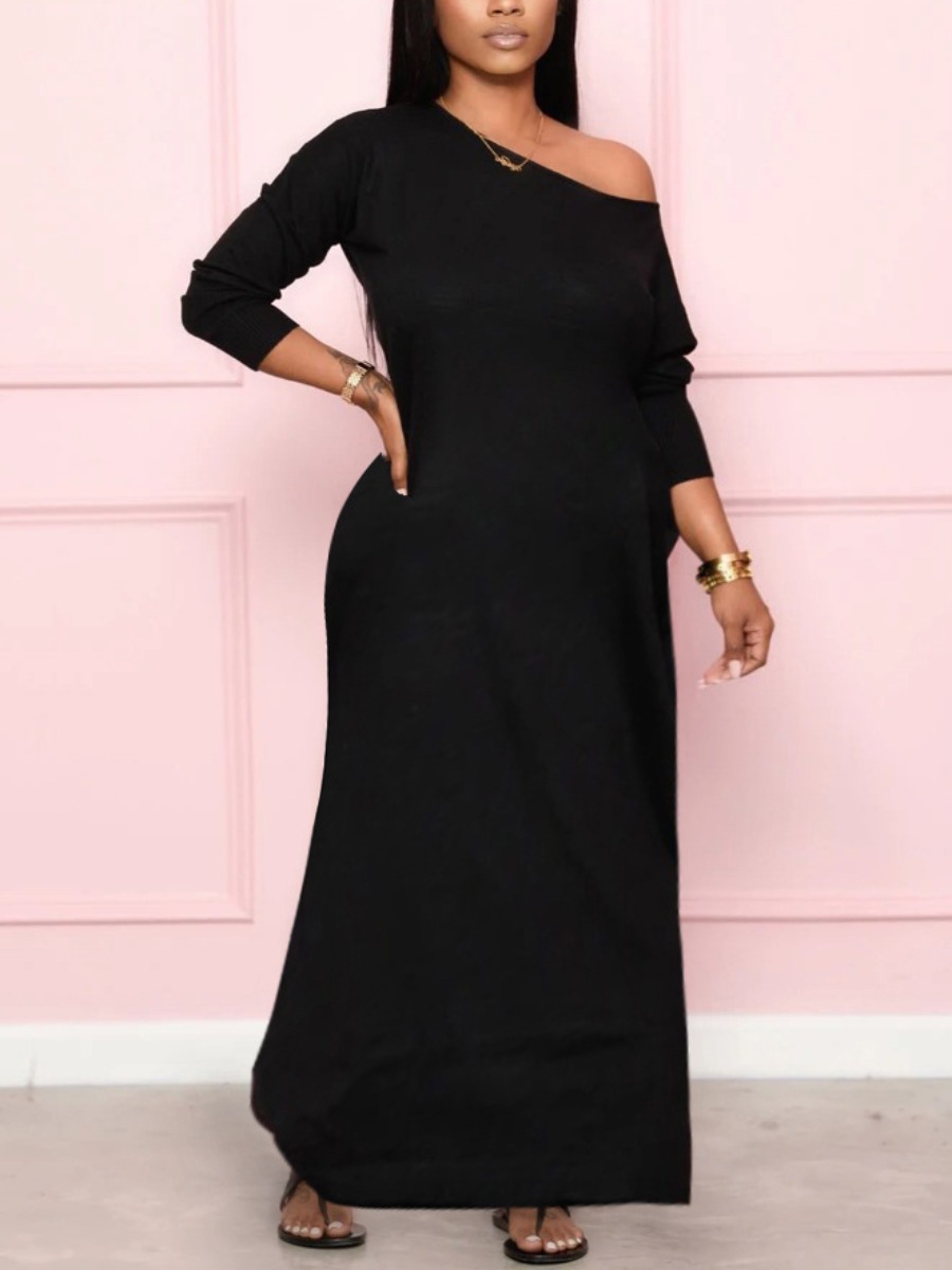 

lovely Leisure Basic Loose Black Ankle Length Dress