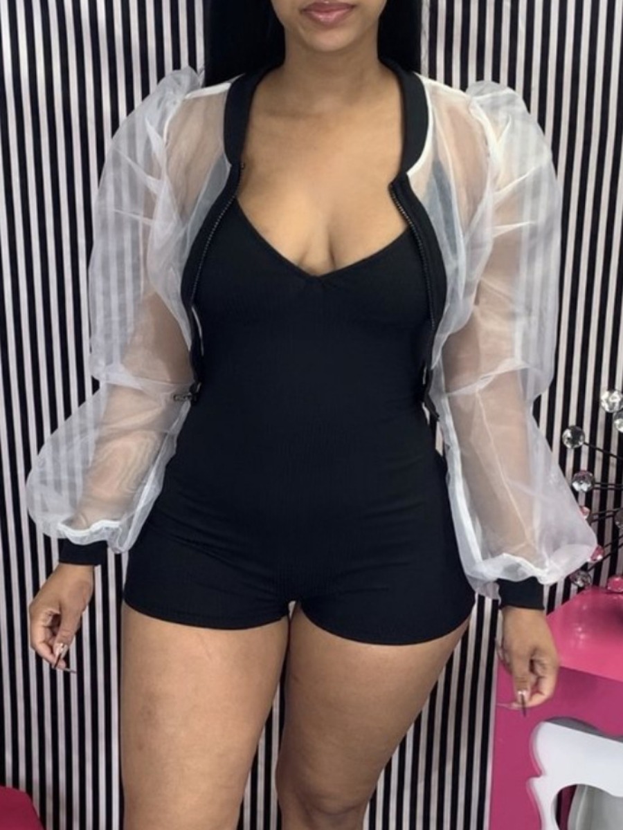 

lovely Stylish Patchwork See-through Black Two Piece Shorts Set