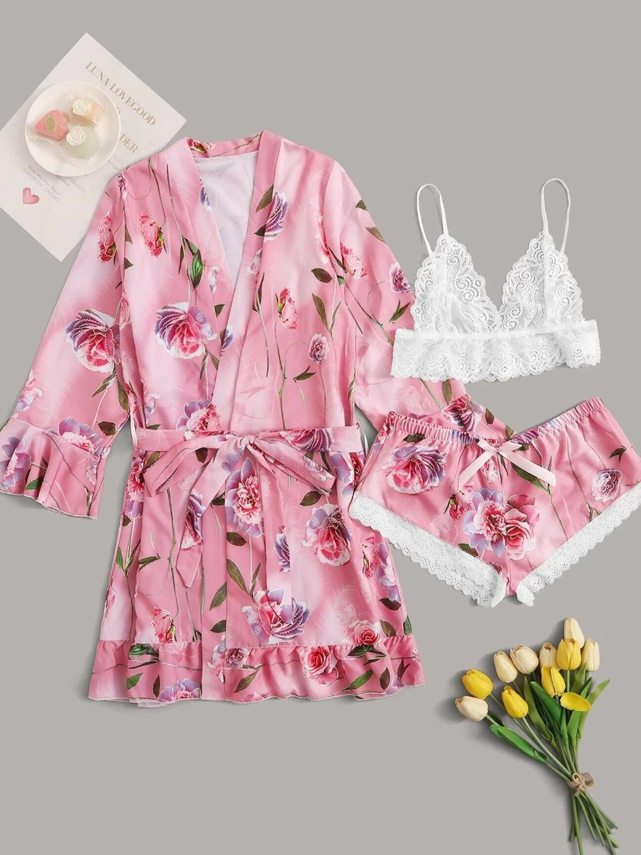 

lovely Sexy Plants Print Pink Sleepwear