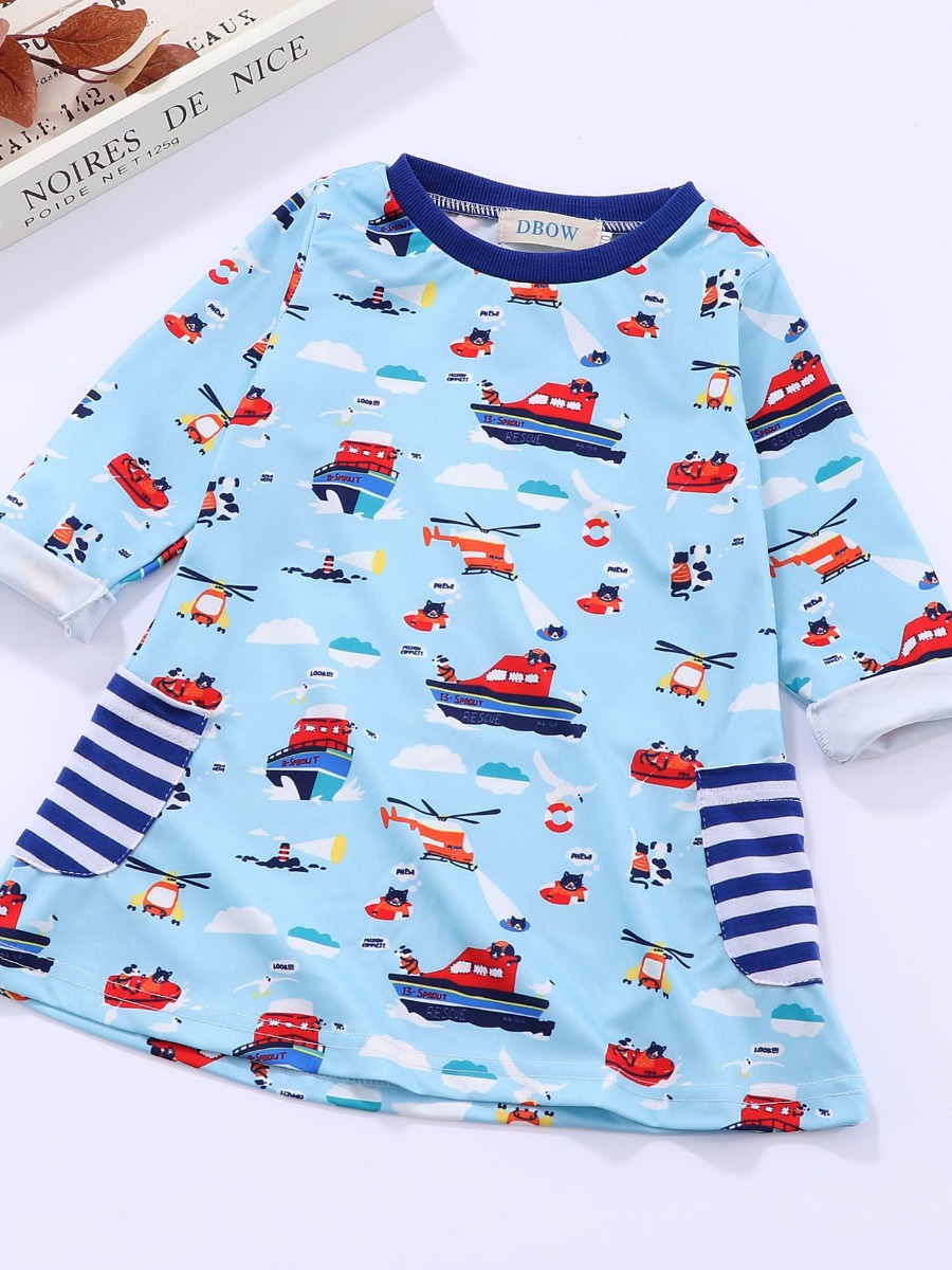 

lovely Sweet O Neck Cartoon Print Blue Girl Knee Length Dress