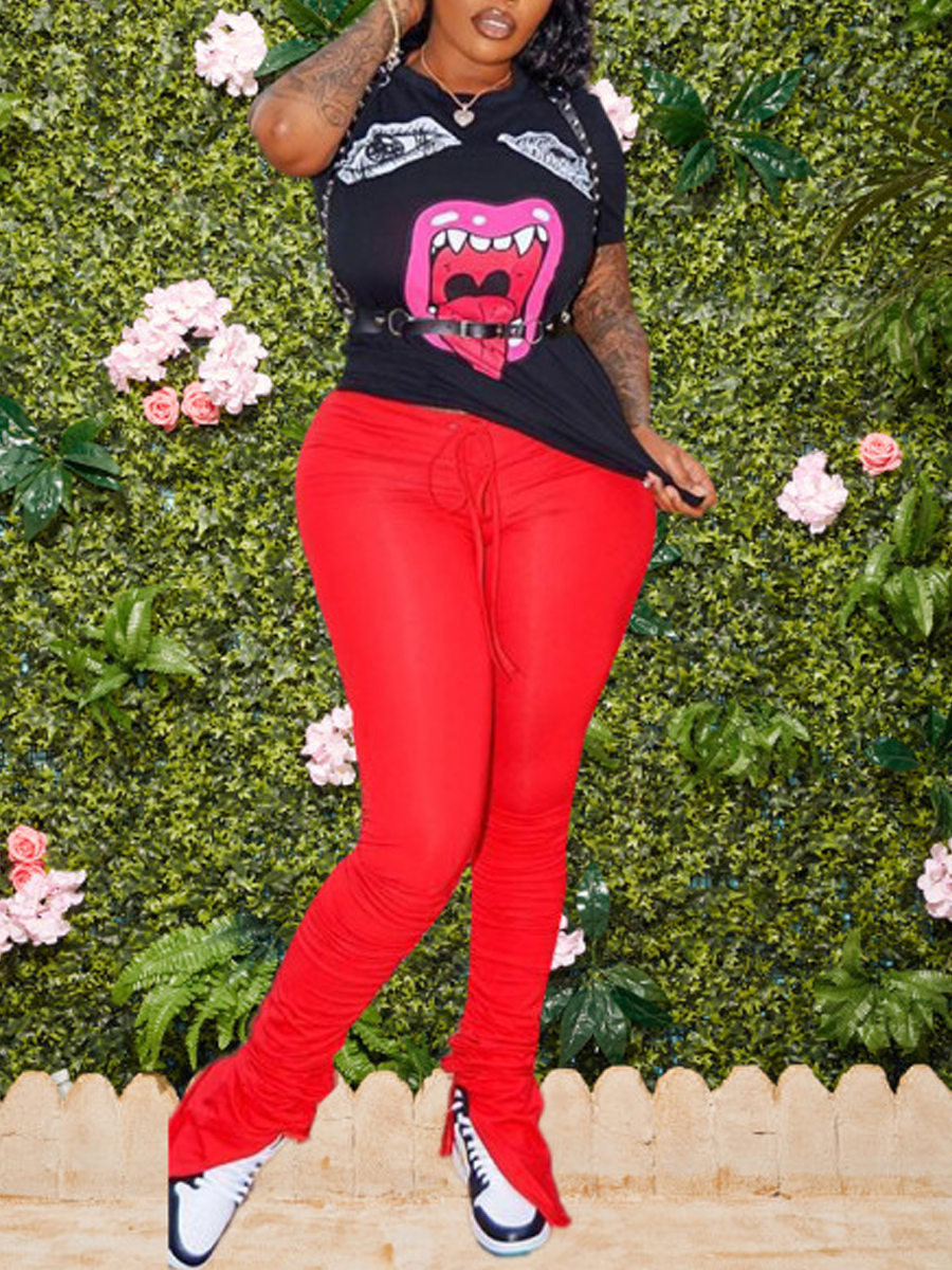 

Lovely Casual O Neck Lip Print Red Plus Size Two-piece Pants Set