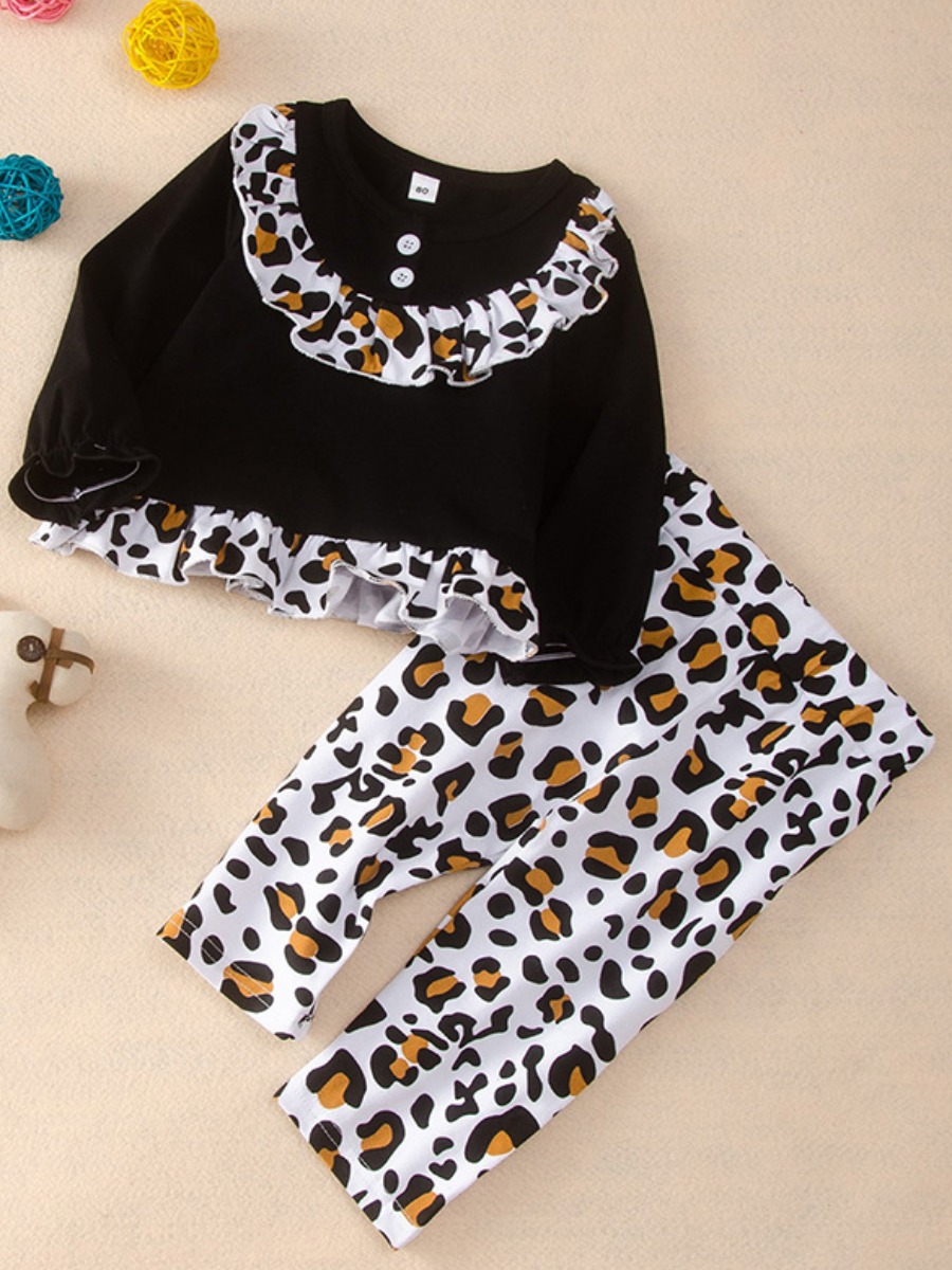

lovely Trendy O Neck Leopard Print Patchwork Girl Two-piece Pants Set