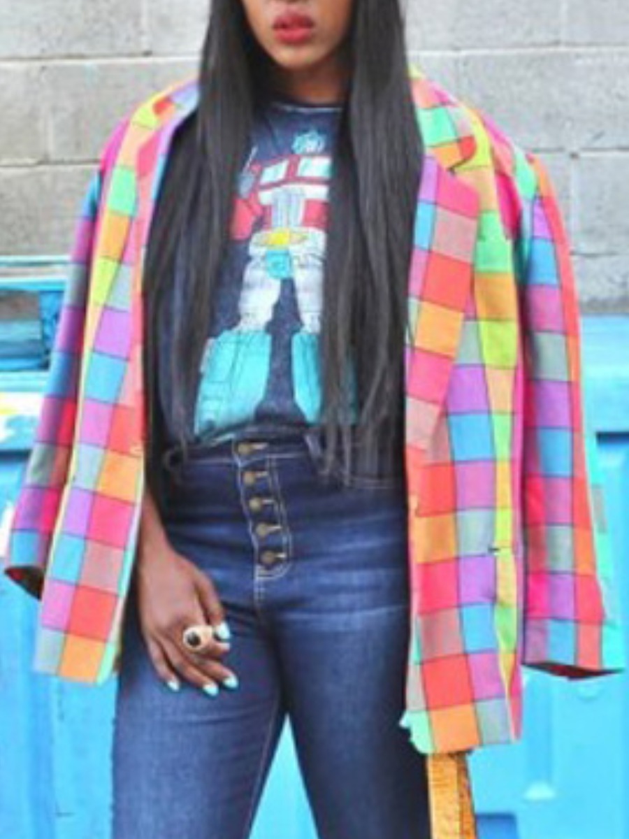 

lovely Stylish Turn-back Collar Grid Print Multicolor Coat, Multi