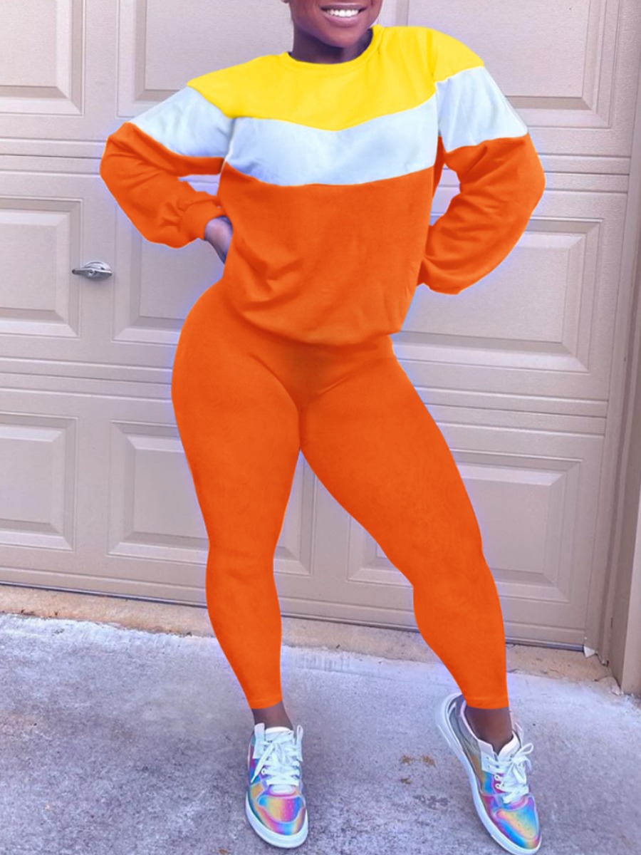 

lovely Sportswear O Neck Patchwork Orange Two Piece Pants Set