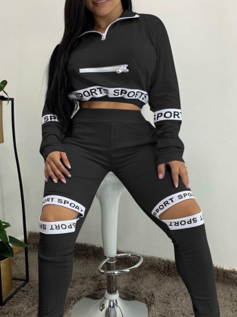 

lovely Street Letter Print Broken Holes Black Two Piece Pants Set