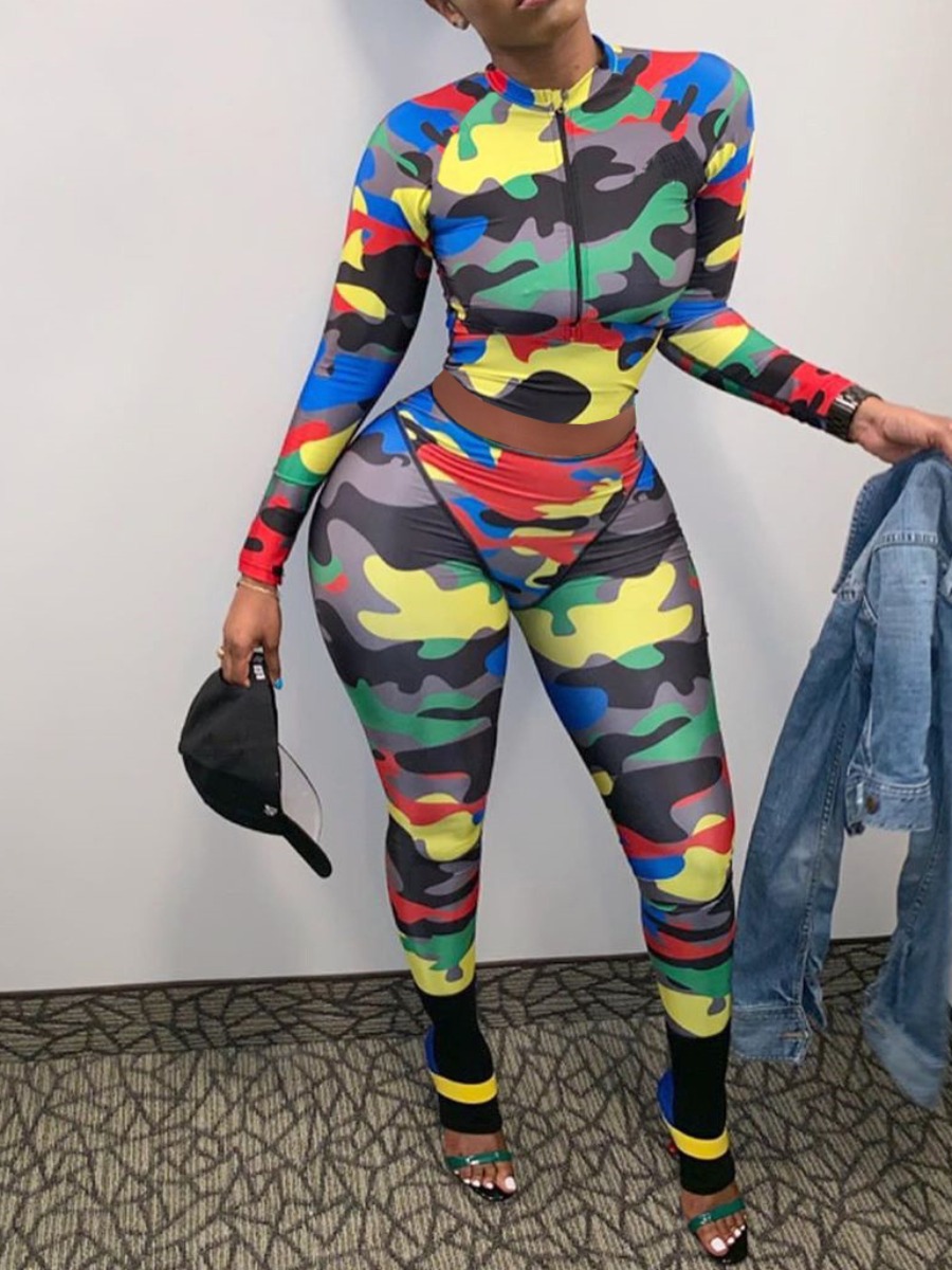 

lovely Sportswear Zipper Design Camo Print Two Piece Pants Set