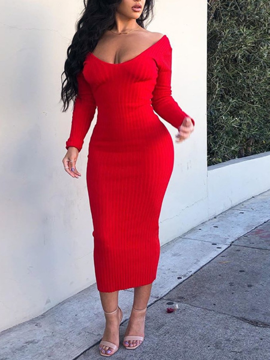 

lovely Sexy Dew Shoulder Striped Red Mid Calf Dress