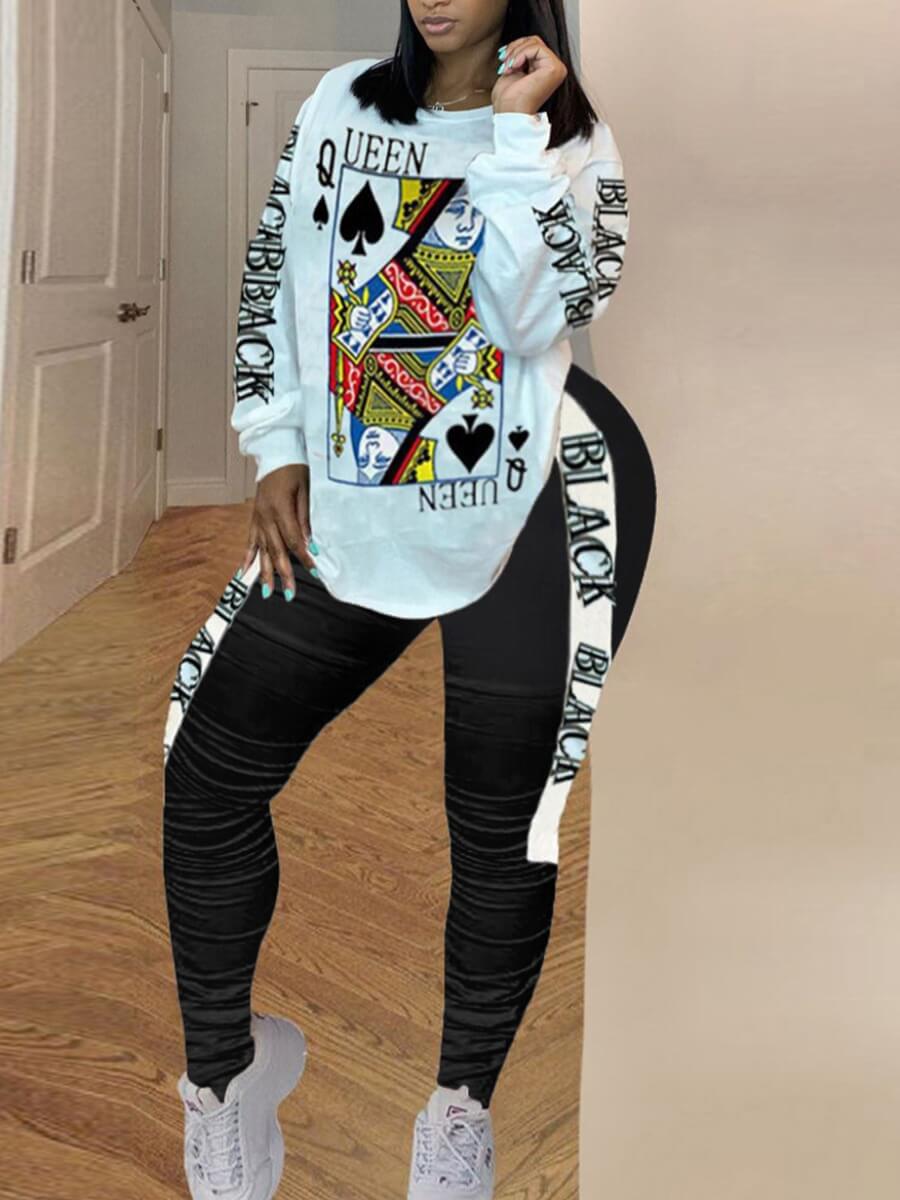 

Lovely Street O Neck Print White Two Piece Pants Set