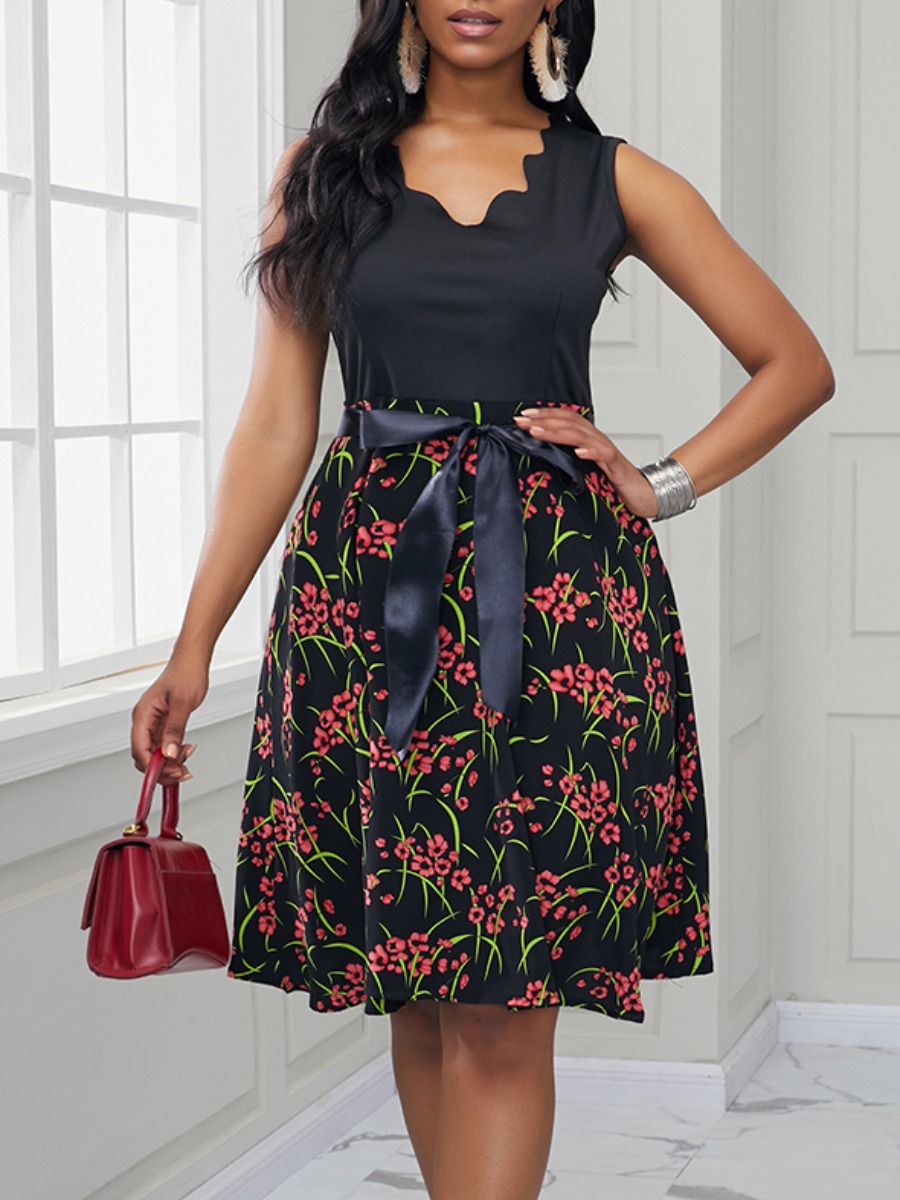 

lovely Trendy V Neck Plants Print Black Knee Length Dress