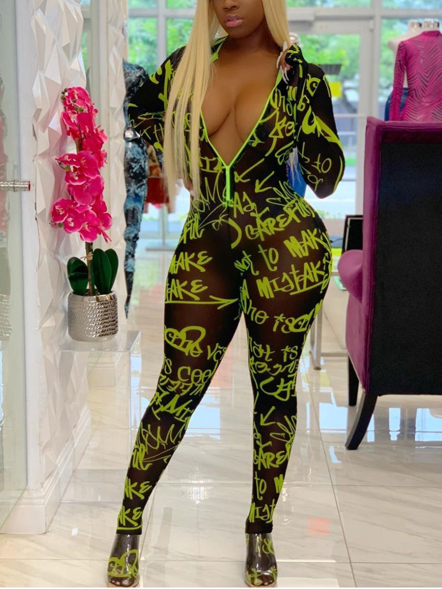 

lovely Stylish Letter Print Zipper Design Green One-piece Jumpsuit