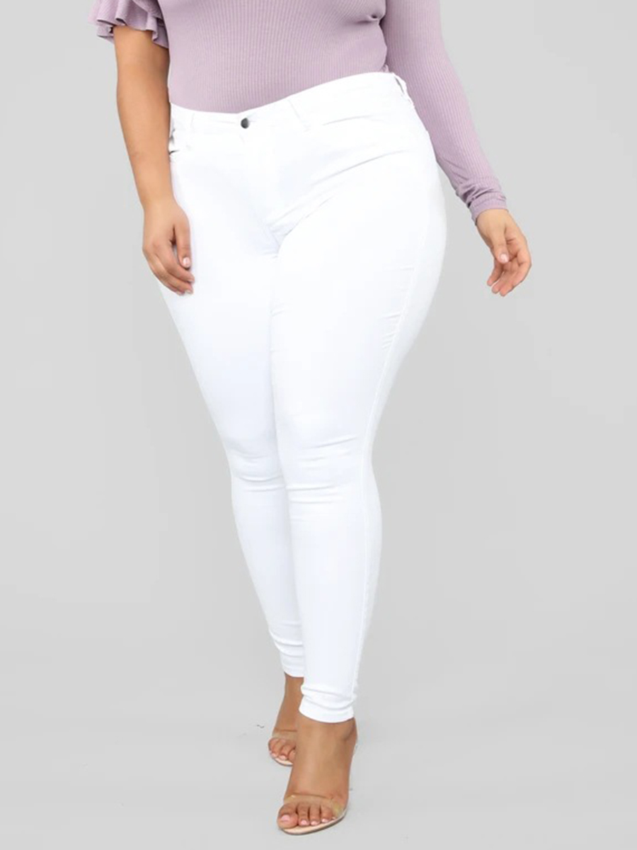 

Lovely Casual Zipper Design White Plus Size Jeans