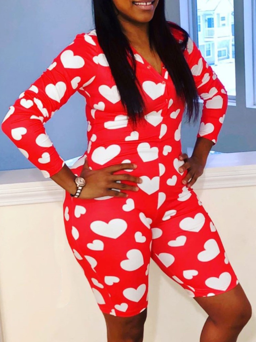 

lovely Leisure V Neck Heart Print Red Plus Size One-piece Romper