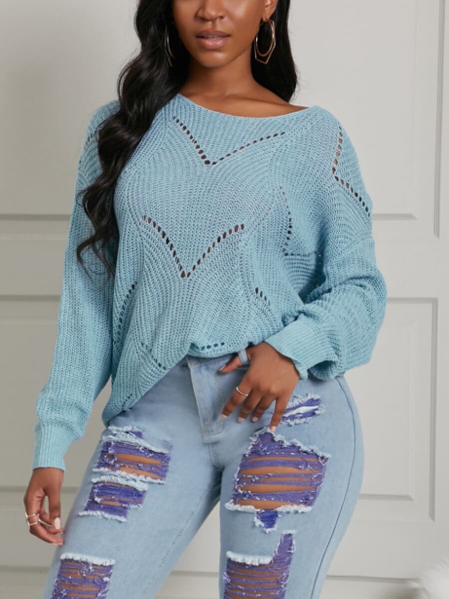 

Lovely Trendy O Neck Hollow-out Blue Sweater